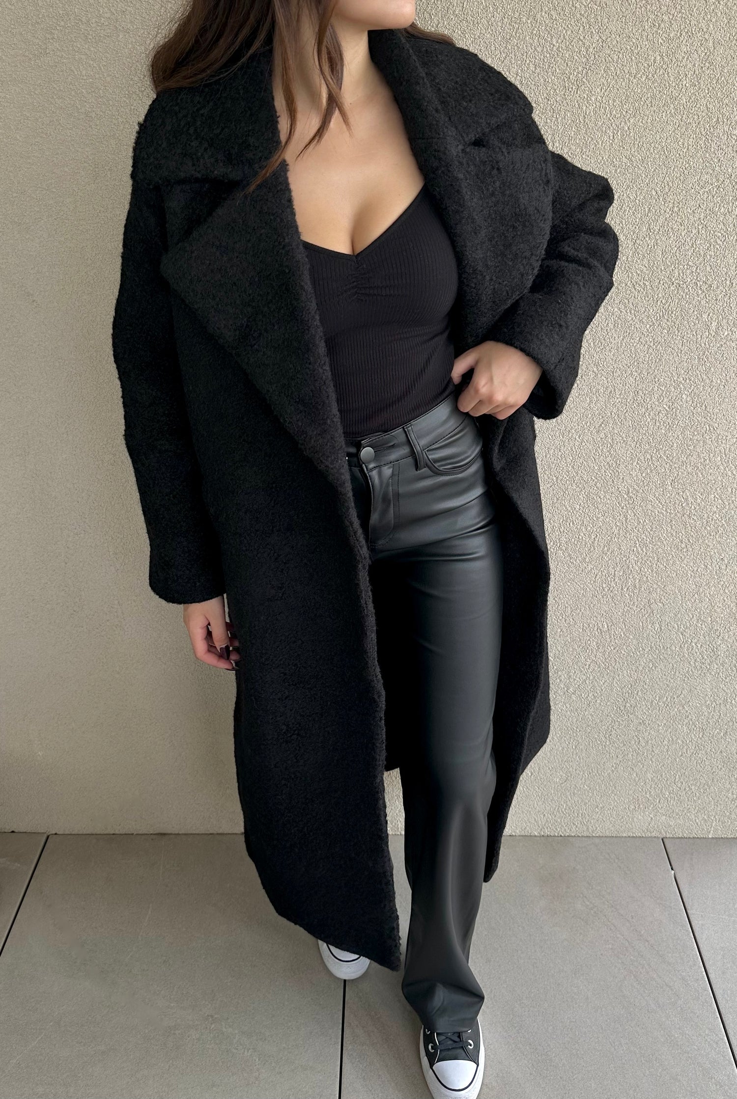 manteau noir oversize effet laine bouillie